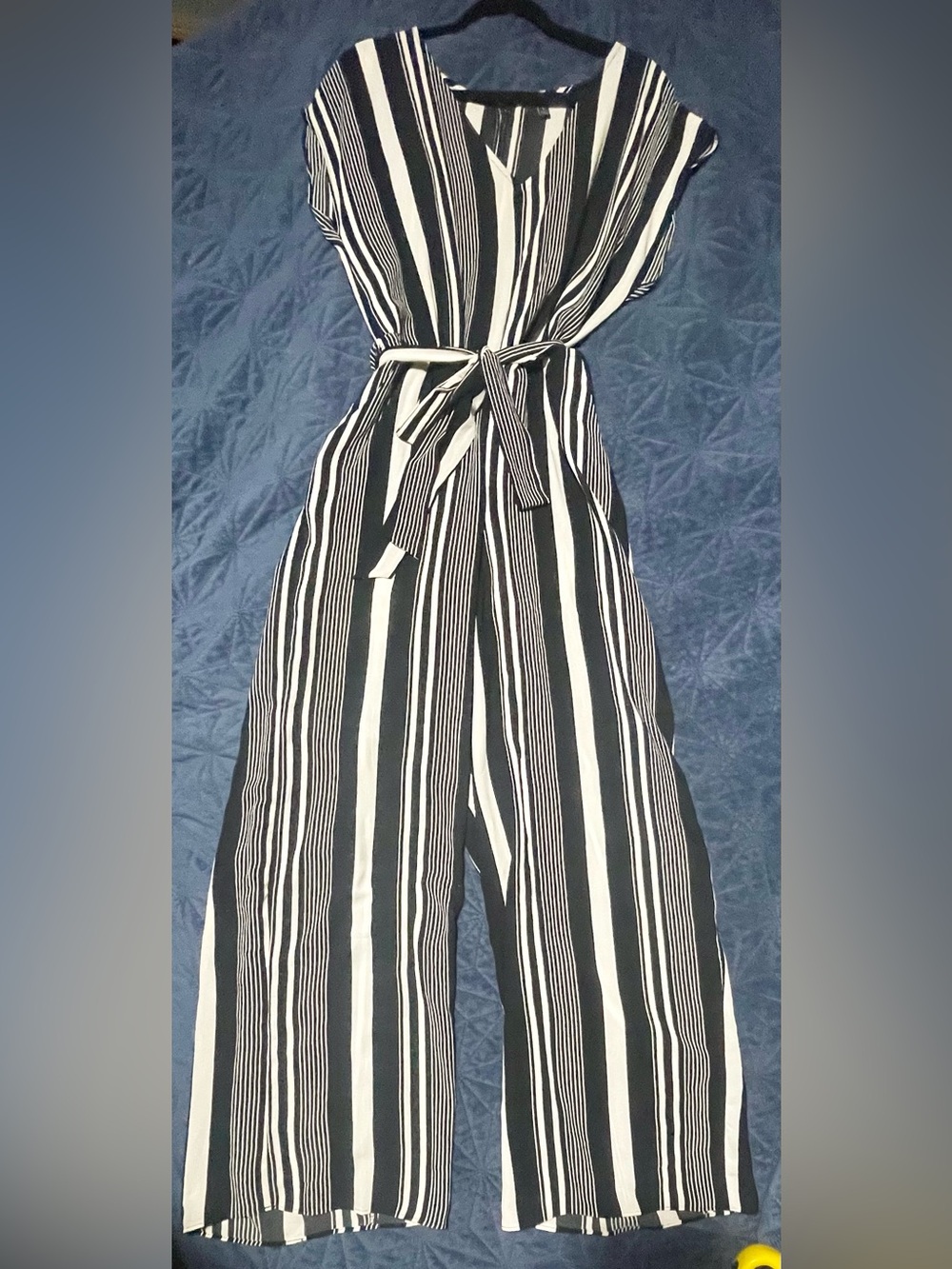 Black & White Striped Wide-Leg Jumpsuit with Tie Waist